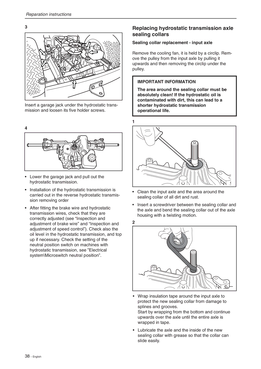 Briggs & Stratton RIDER 11 Replacing hydrostatic transmission axle sealing collars, Sealing collar replacement input axle 