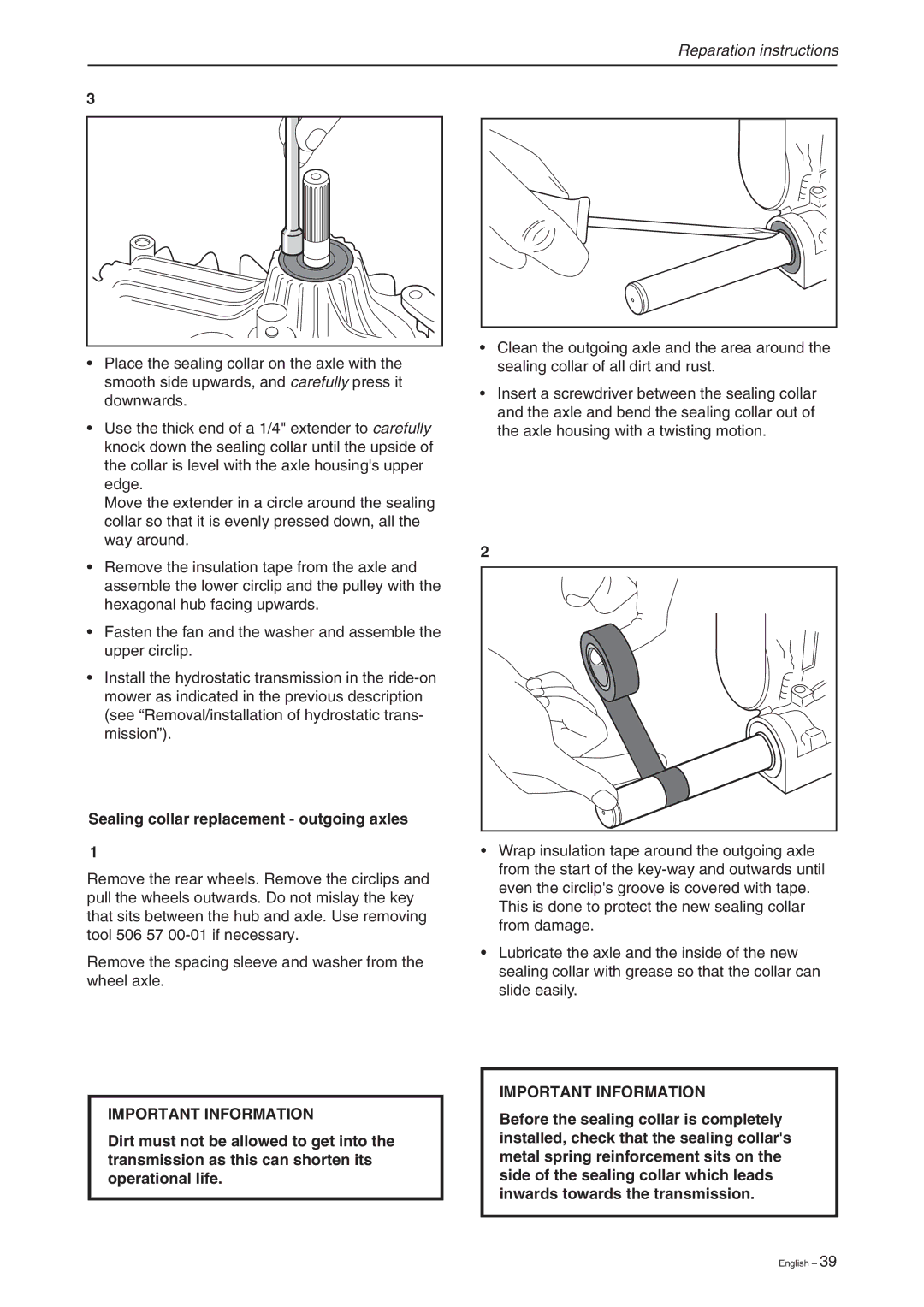 Briggs & Stratton RIDER 11 BIO, RIDER 16, RIDER 13 BIO manual Sealing collar replacement outgoing axles 