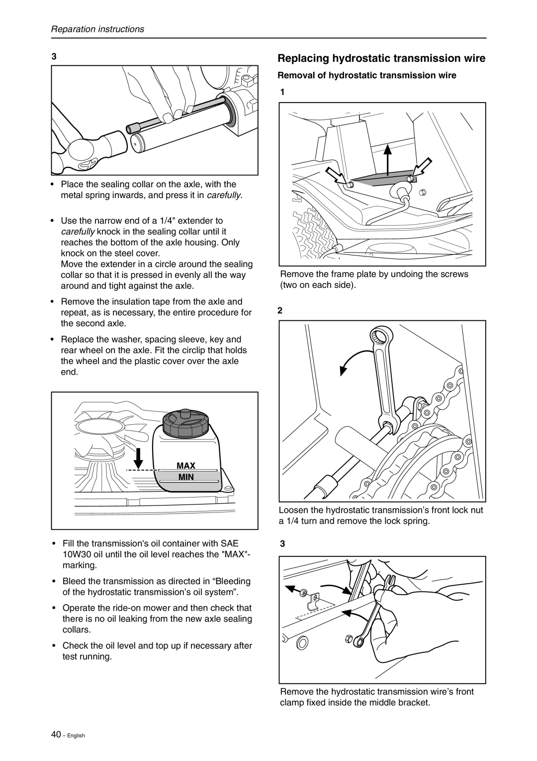 Briggs & Stratton RIDER 16, RIDER 11 Replacing hydrostatic transmission wire, Removal of hydrostatic transmission wire 