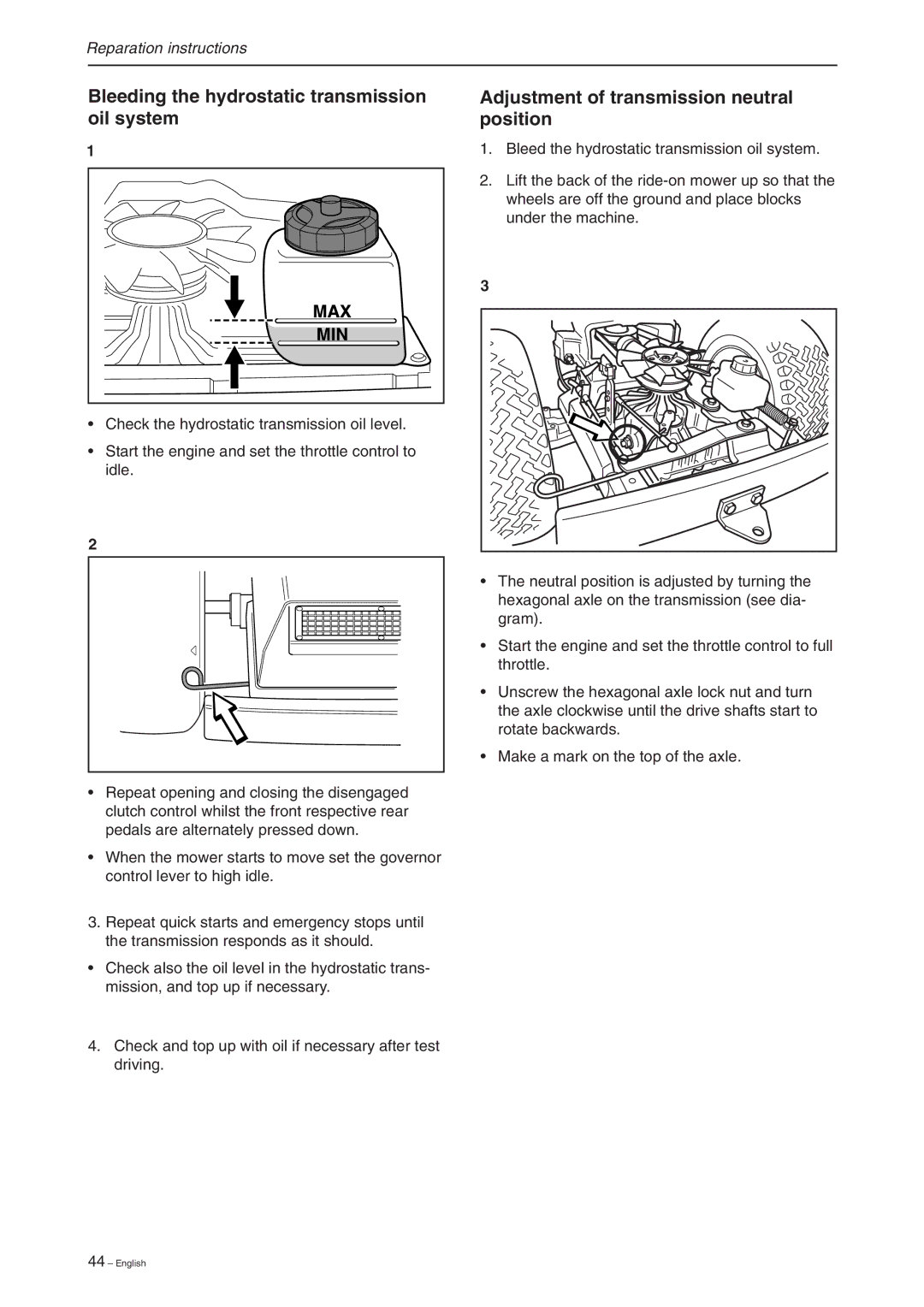 Briggs & Stratton RIDER 11 BIO, RIDER 16, RIDER 13 BIO manual Bleeding the hydrostatic transmission oil system 