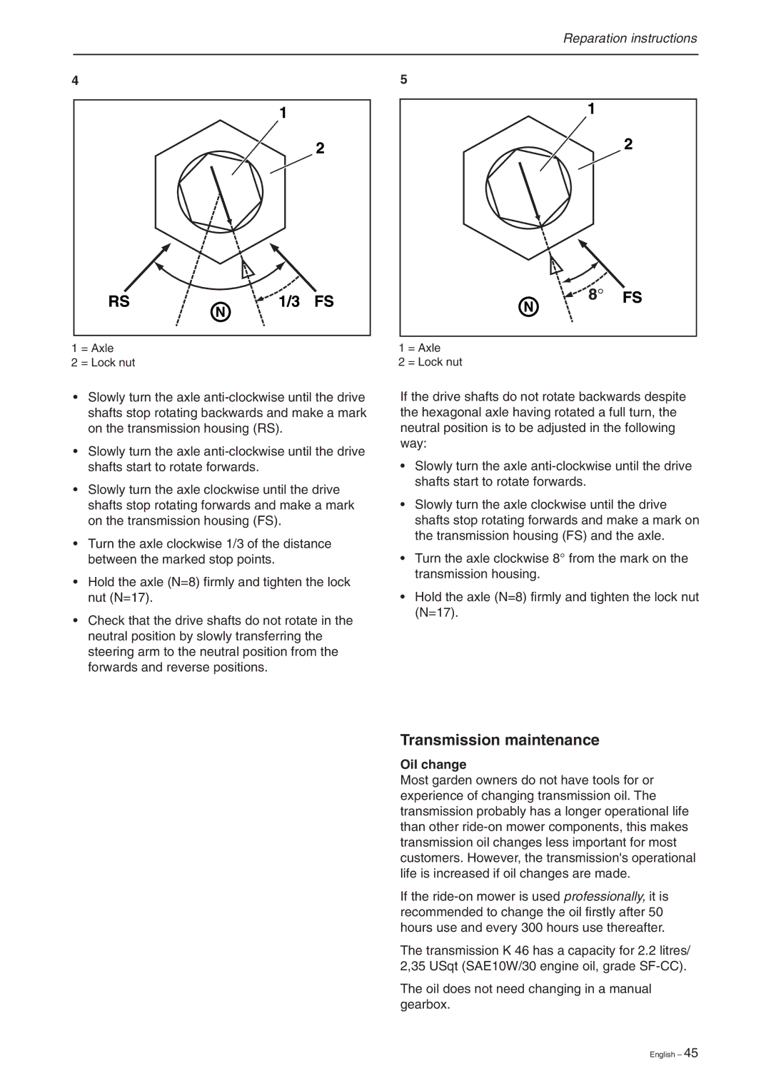 Briggs & Stratton RIDER 16, RIDER 11 BIO, RIDER 13 BIO manual Transmission maintenance, Oil change 