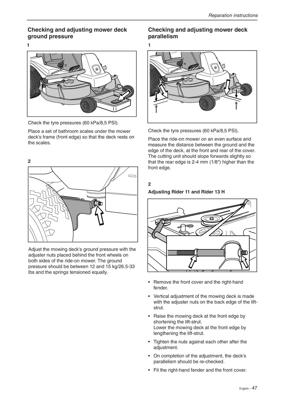 Briggs & Stratton RIDER 13, RIDER 11 Checking and adjusting mower deck ground pressure, Adjusting Rider 11 and Rider 13 H 