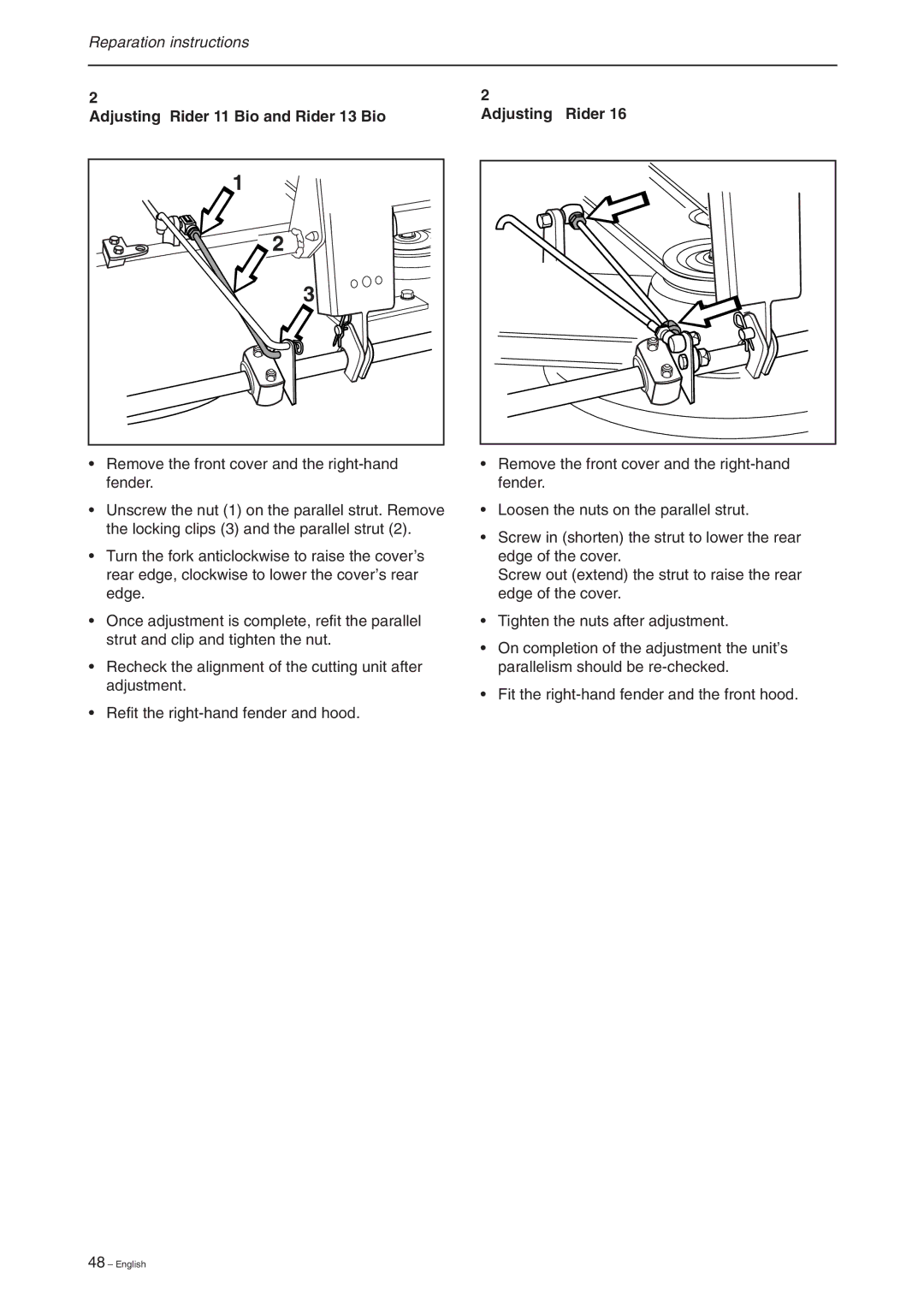 Briggs & Stratton RIDER 11 BIO, RIDER 16, RIDER 13 BIO manual Adjusting Rider 11 Bio and Rider 13 Bio 