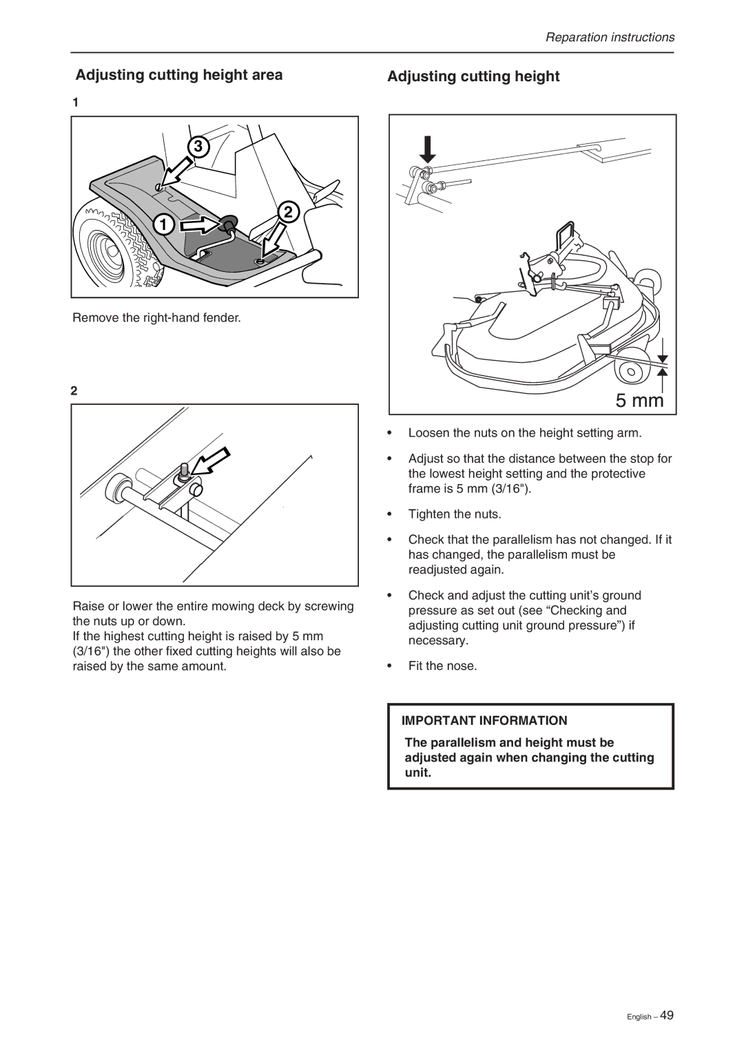 Briggs & Stratton RIDER 11 BIO, RIDER 16, RIDER 13 BIO manual Adjusting cutting height area 