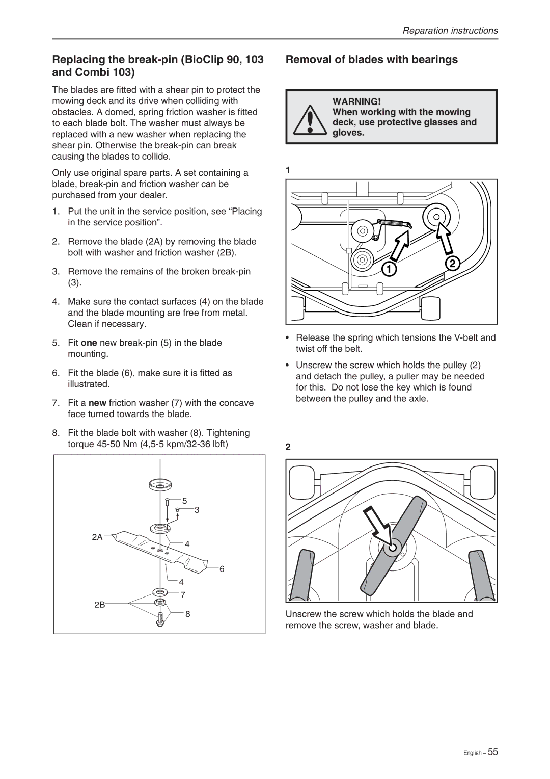 Briggs & Stratton RIDER 16, RIDER 11 Replacing the break-pin BioClip 90, 103 and Combi, Removal of blades with bearings 