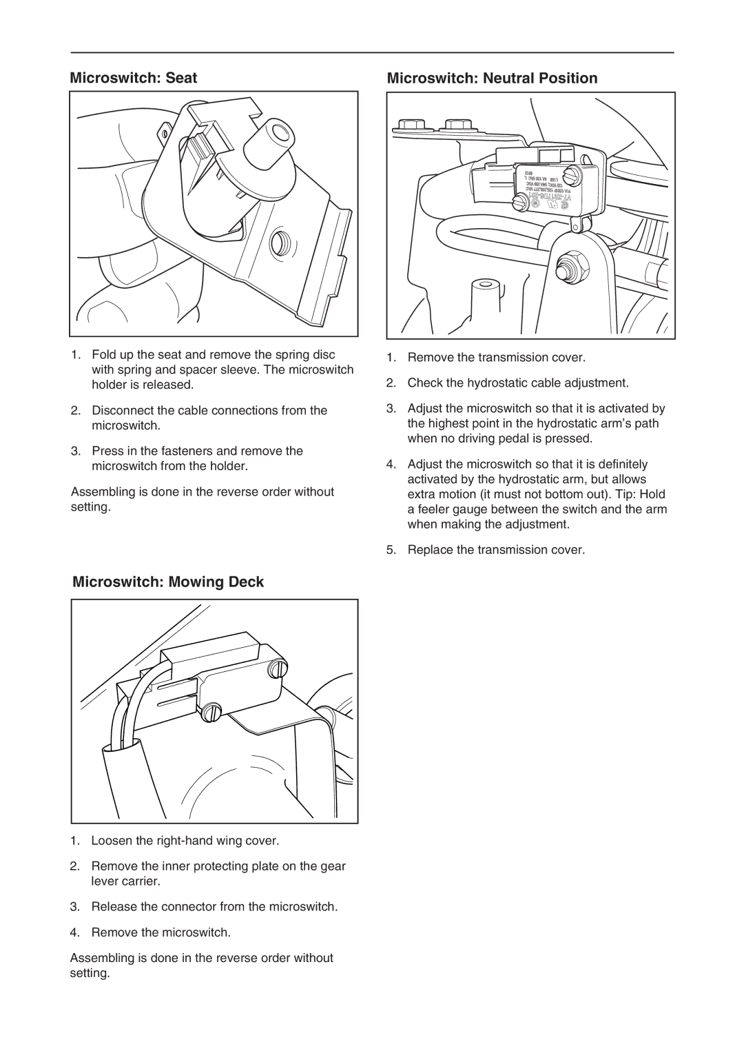 Briggs & Stratton RIDER 13, RIDER 11 BIO manual Microswitch Seat Microswitch Neutral Position, Microswitch Mowing Deck 