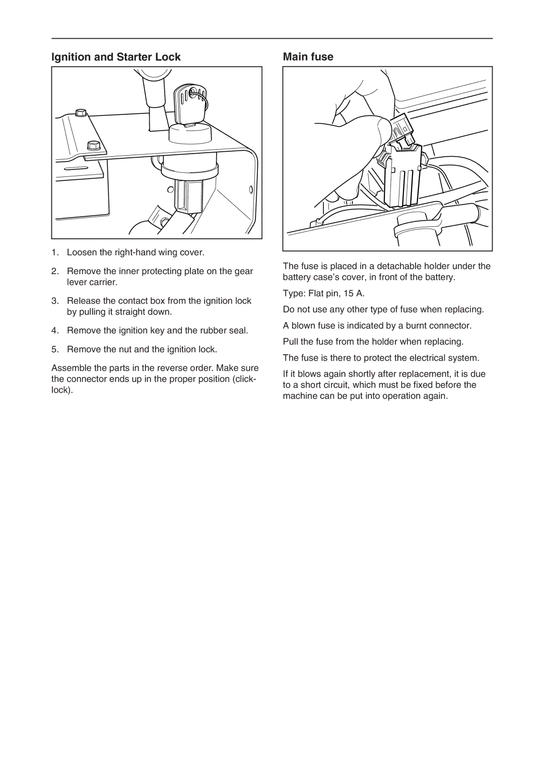 Briggs & Stratton RIDER 11 BIO, RIDER 16, RIDER 13 BIO manual Ignition and Starter Lock Main fuse 