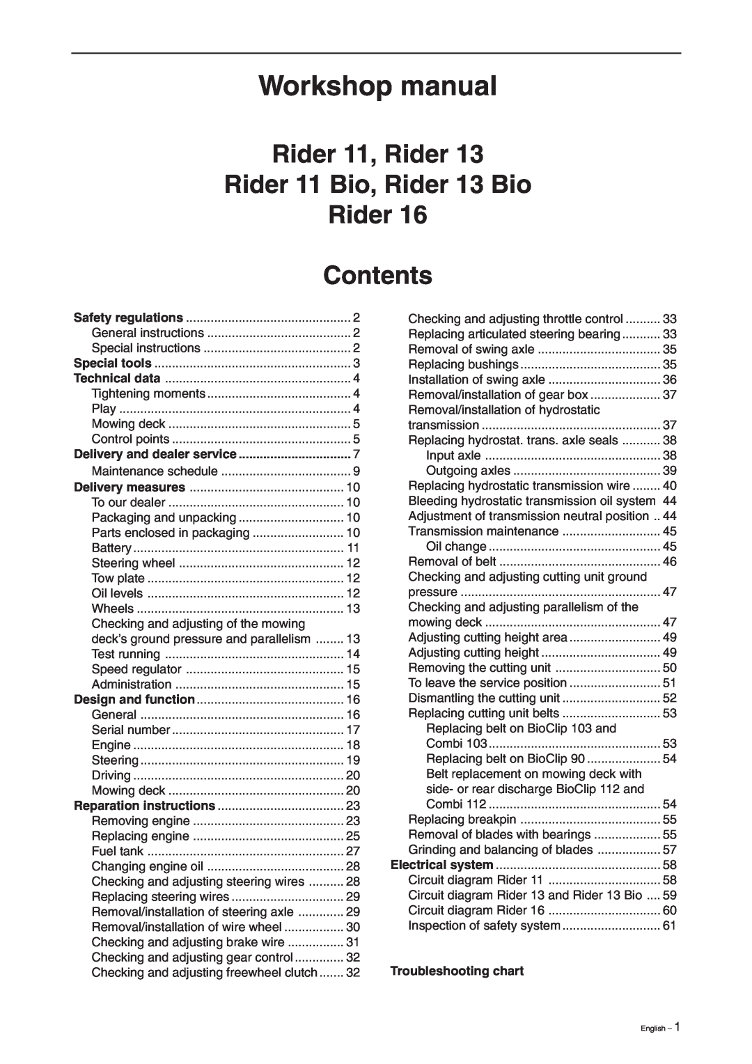 Briggs & Stratton RIDER 13 BIO, RIDER 11 Rider 11, Rider Rider 11 Bio, Rider 13 Bio Rider Contents, Troubleshooting chart 