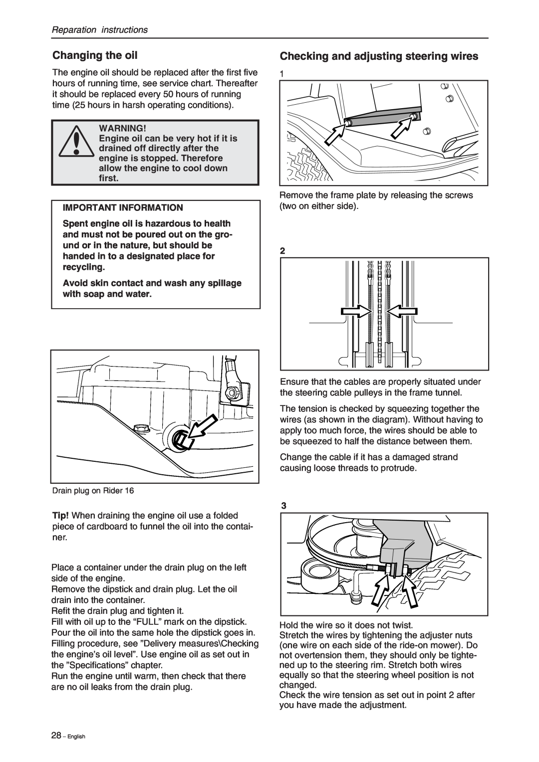 Briggs & Stratton RIDER 11 BIO manual Changing the oil, Checking and adjusting steering wires, Reparation instructions 