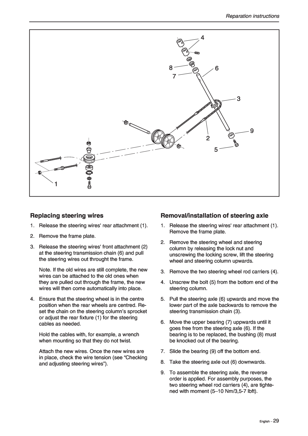Briggs & Stratton RIDER 11 BIO Replacing steering wires, Removal/installation of steering axle, Reparation instructions 