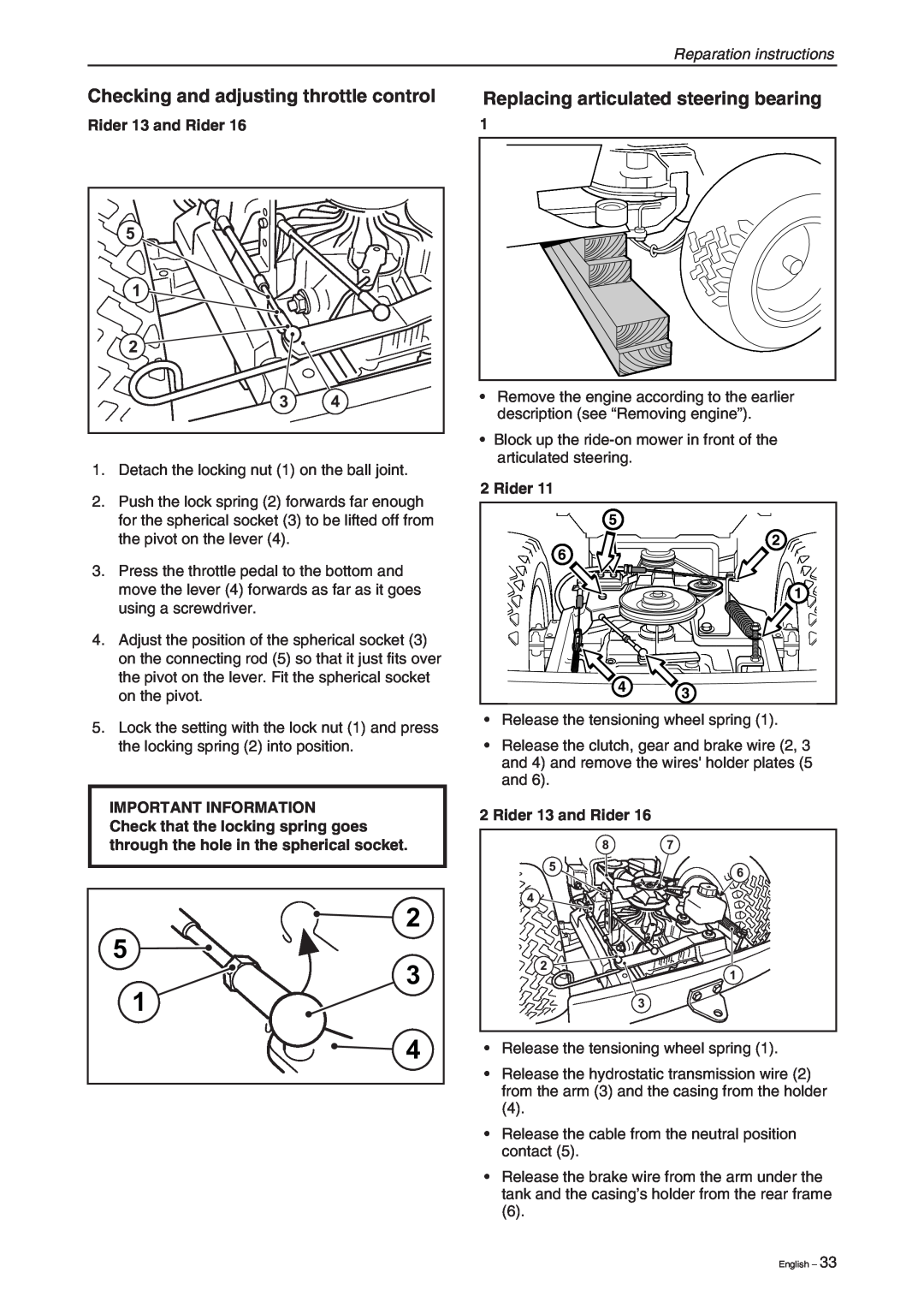 Briggs & Stratton RIDER 11 manual Checking and adjusting throttle control, Replacing articulated steering bearing, Rider 