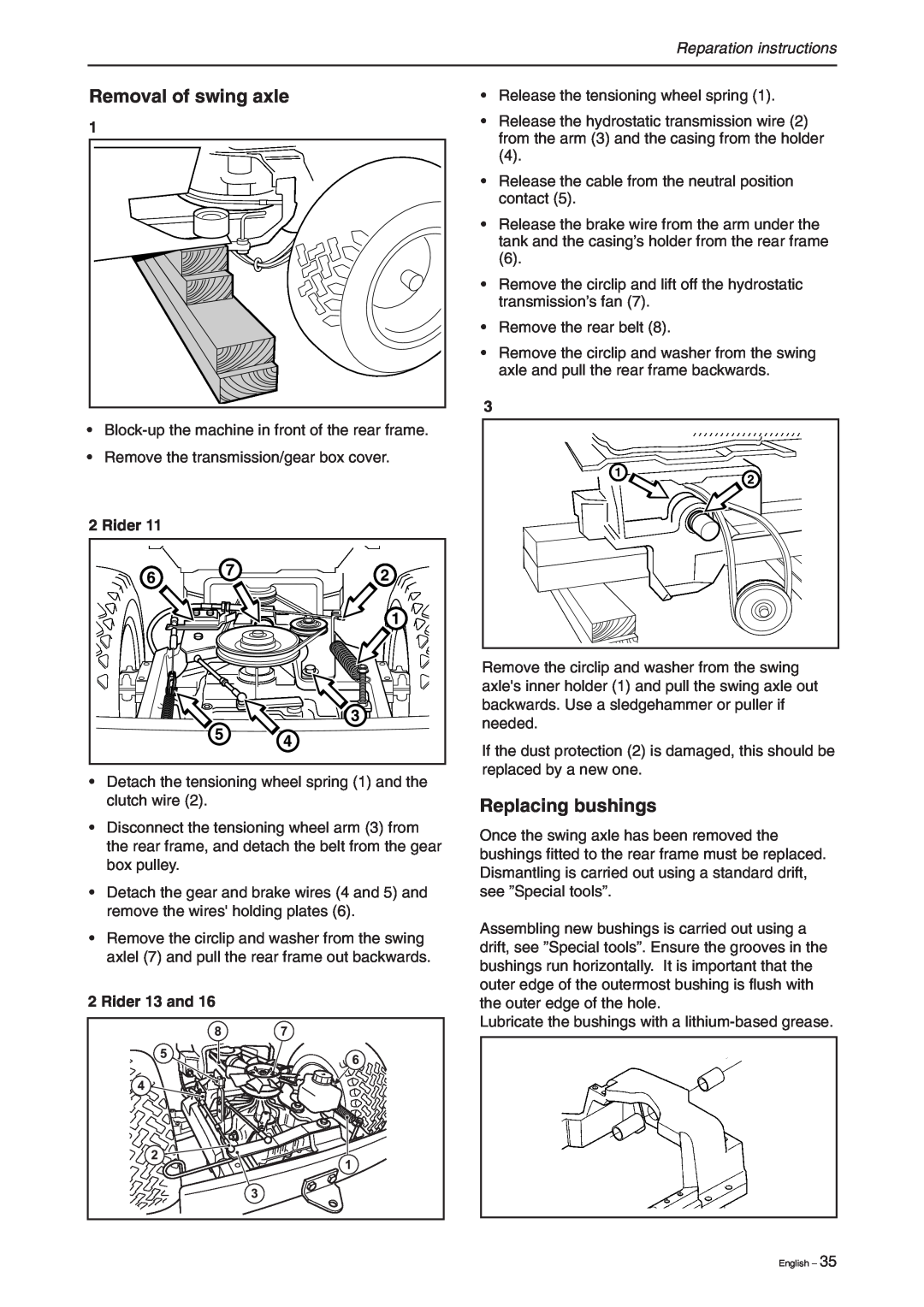 Briggs & Stratton RIDER 16, RIDER 11 manual Removal of swing axle, Replacing bushings, Rider 13 and, Reparation instructions 