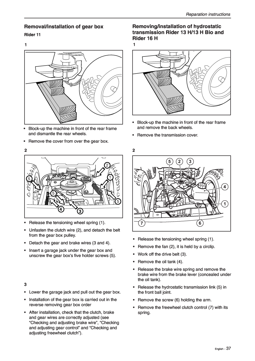 Briggs & Stratton RIDER 13, RIDER 11 BIO, RIDER 16 manual Removal/installation of gear box, Reparation instructions, Rider 