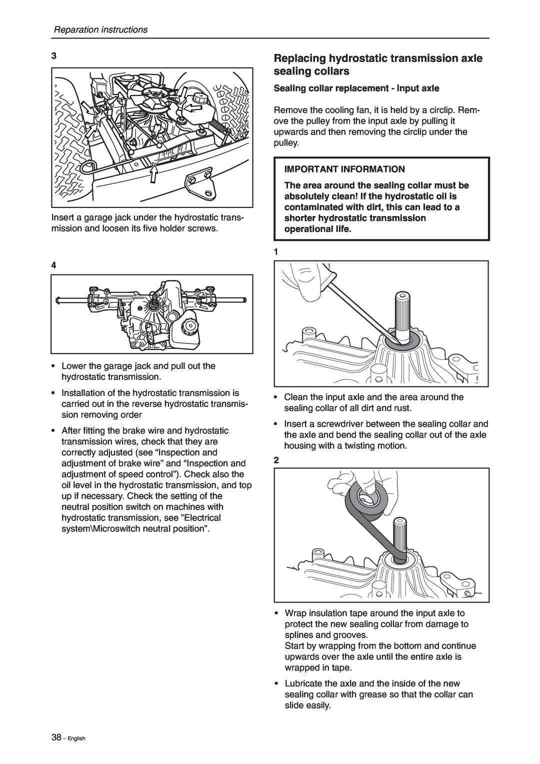 Briggs & Stratton RIDER 11 BIO manual Replacing hydrostatic transmission axle sealing collars, Reparation instructions 