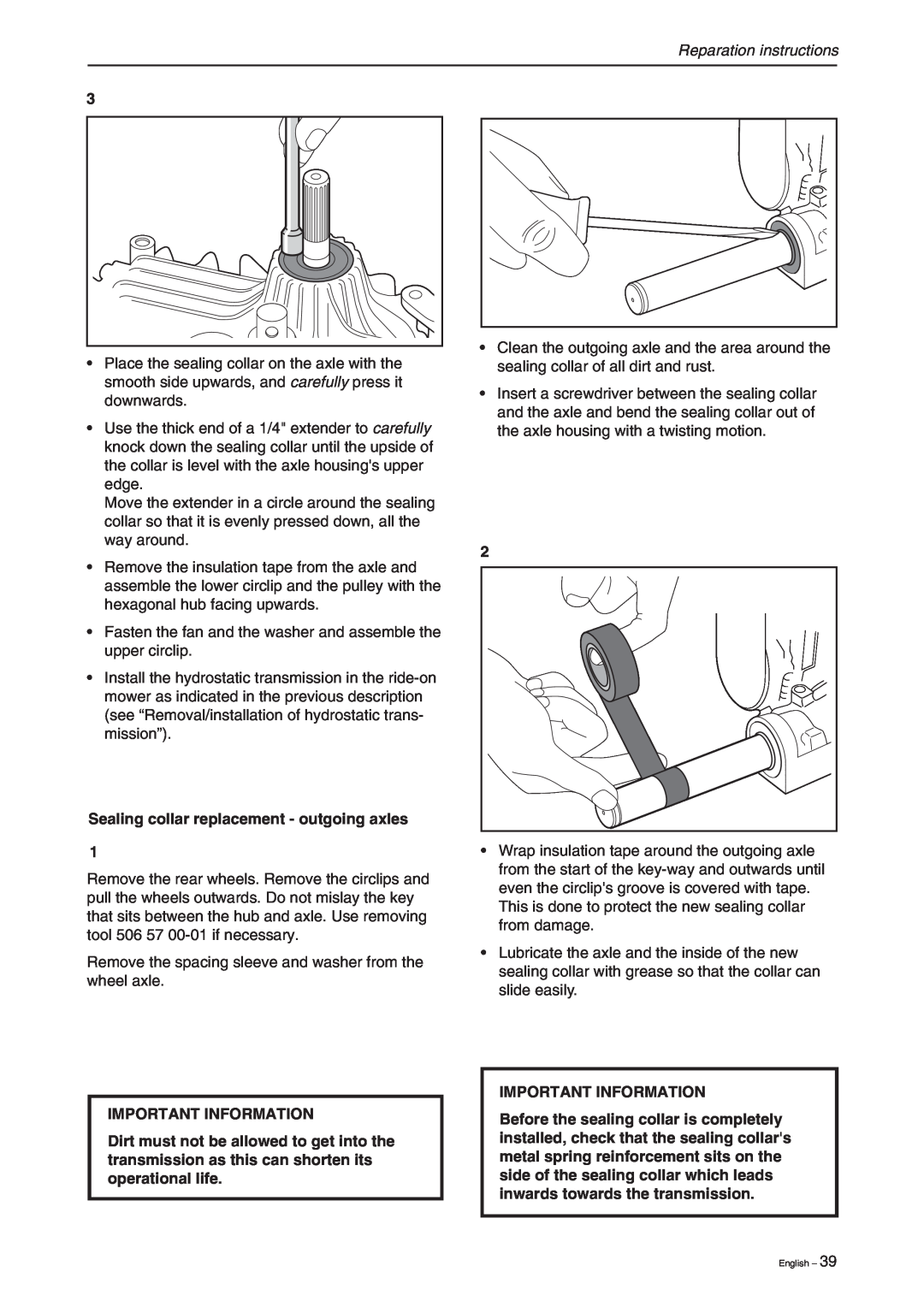 Briggs & Stratton RIDER 11 BIO Sealing collar replacement - outgoing axles, Reparation instructions, Important Information 