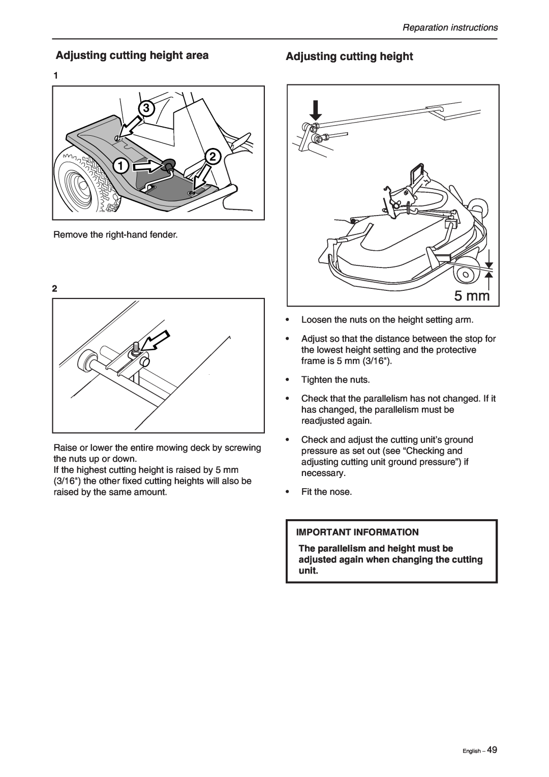 Briggs & Stratton RIDER 11 BIO, RIDER 16 Adjusting cutting height area, Reparation instructions, Important Information 