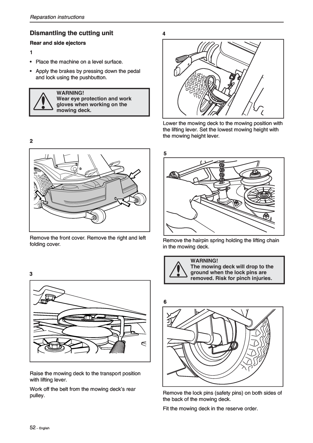 Briggs & Stratton RIDER 13, RIDER 11 manual Dismantling the cutting unit, Rear and side ejectors, Reparation instructions 