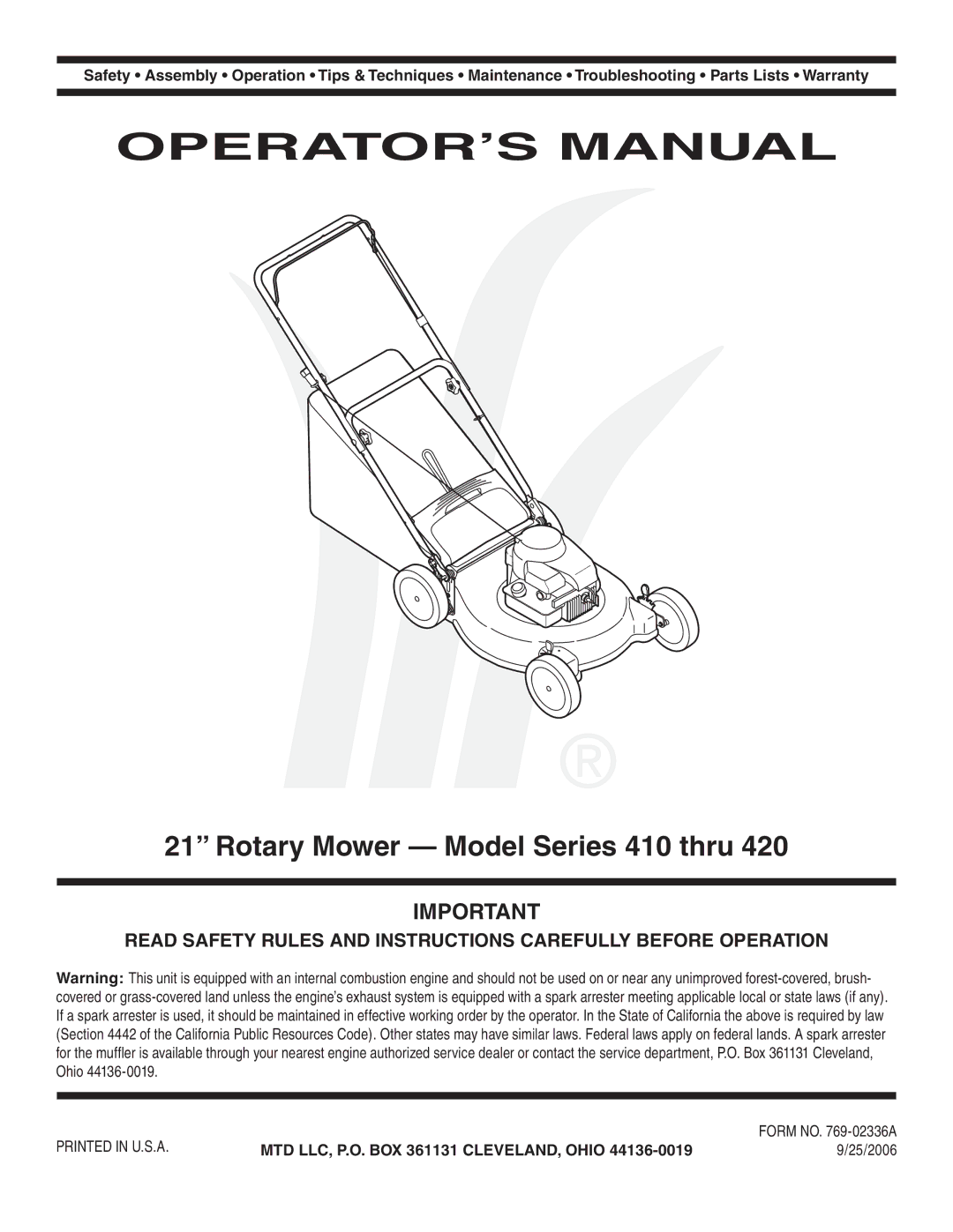 Briggs & Stratton Series 410 thru 420 warranty Rotary Mower Model Series 410 thru, 25/2006 