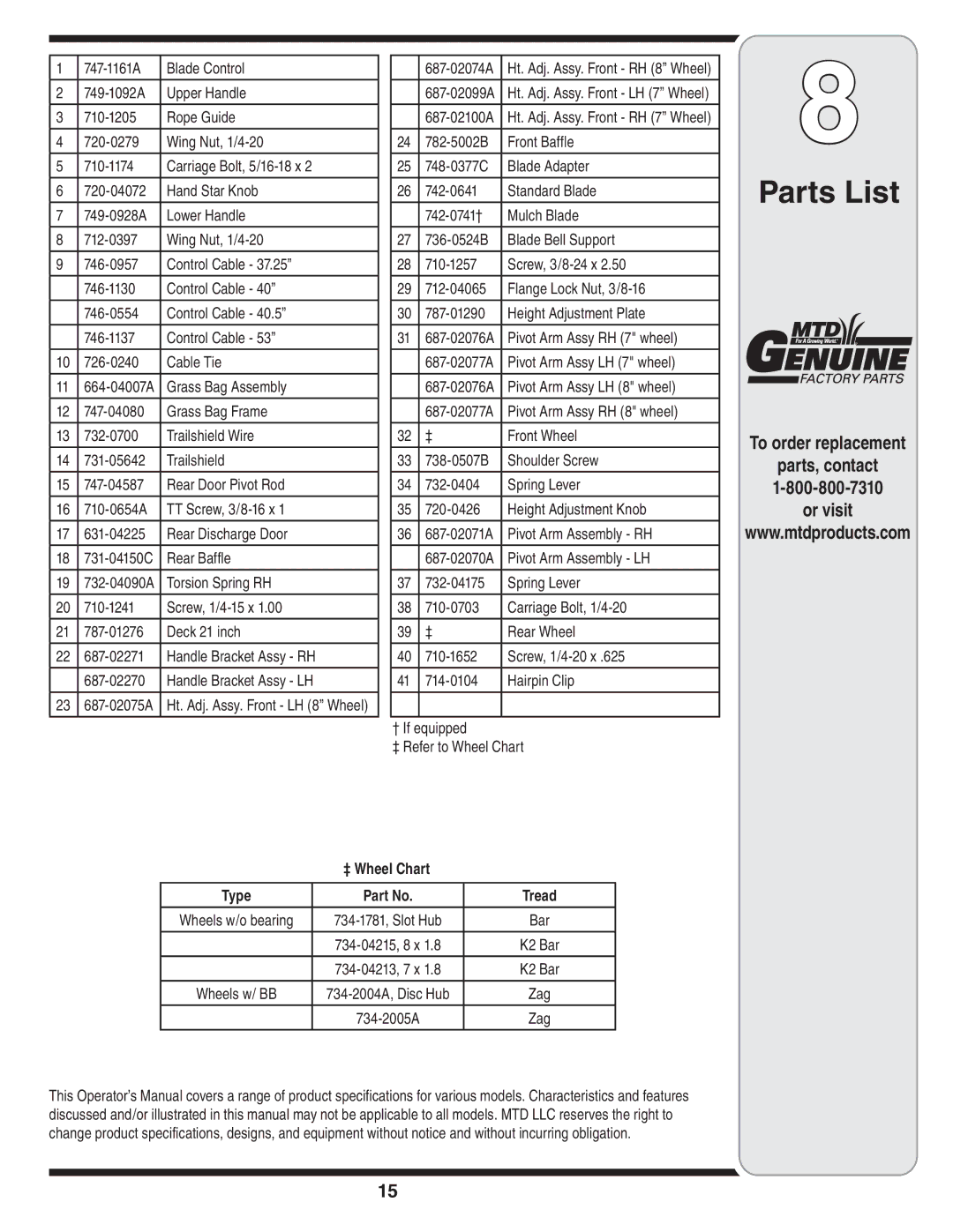 Briggs & Stratton Series 410 thru 420 Parts List, To order replacement Parts, contact Or visit, ‡ Wheel Chart Type Tread 