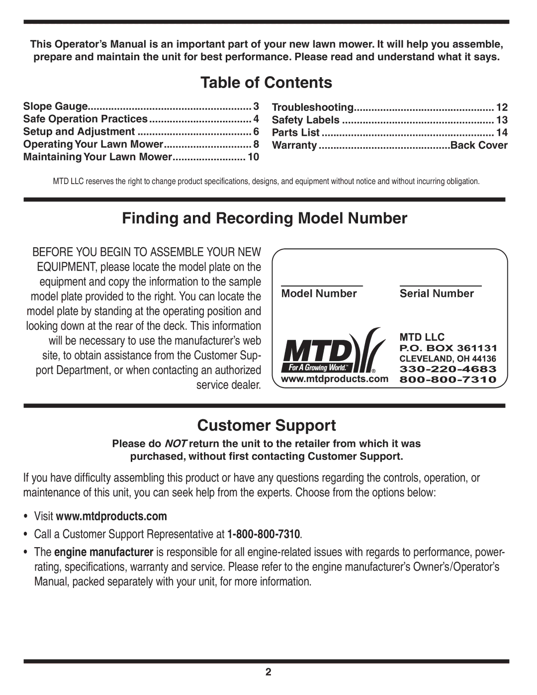 Briggs & Stratton Series 410 thru 420 warranty Table of Contents, Finding and Recording Model Number, Customer Support 