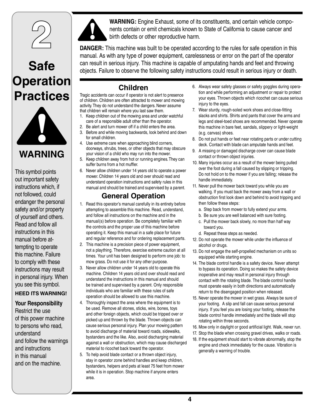 Briggs & Stratton Series 410 thru 420 warranty Safe Operation Practices, Your Responsibility 