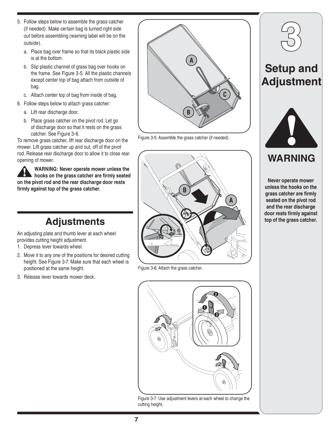 Briggs & Stratton Series 410 thru 420 warranty Adjustments, Never operate mower, Depress lever towards wheel 