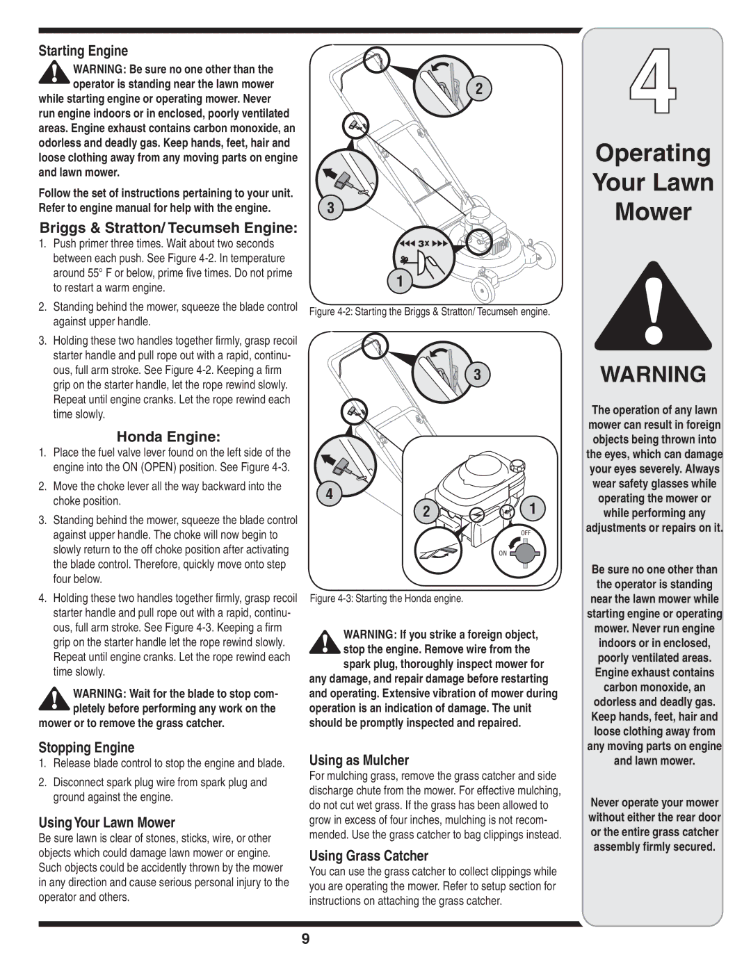 Briggs & Stratton Series 410 thru 420 Starting Engine, Briggs & Stratton/ Tecumseh Engine, Honda Engine, Stopping Engine 