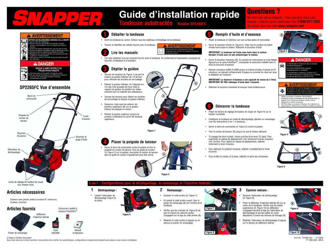 Briggs & Stratton SP2265FC Déballer la tondeuse, Remplir d’huile et d’essence, Déplier le guidon, Démarrer la tondeuse 