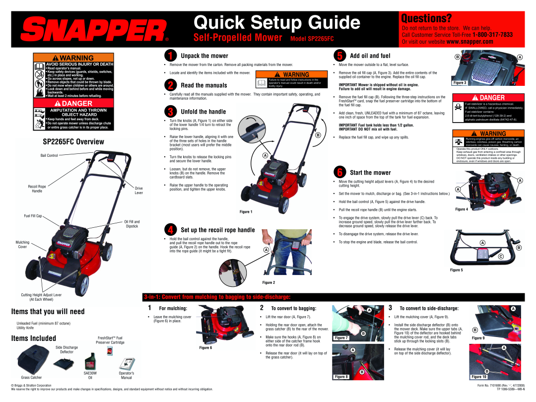Briggs & Stratton setup guide Questions?, Self-PropelledMower Model SP2265FC, SP2265FC Overview, Items Included, Danger 