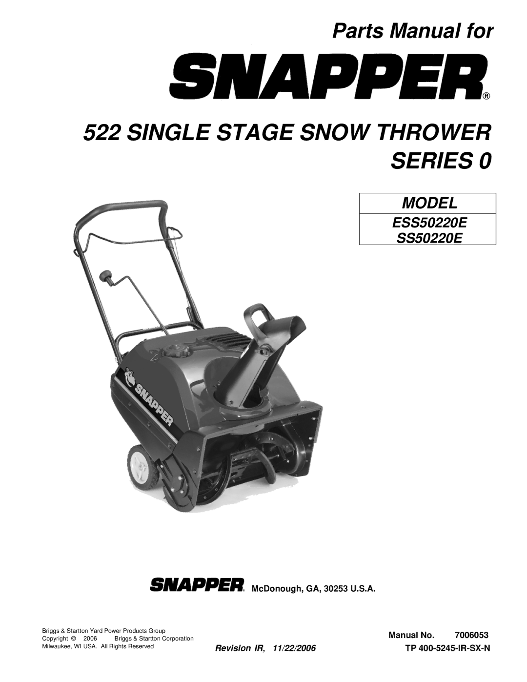 Briggs & Stratton ESS50220E manual Single Stage Snow Thrower Series 