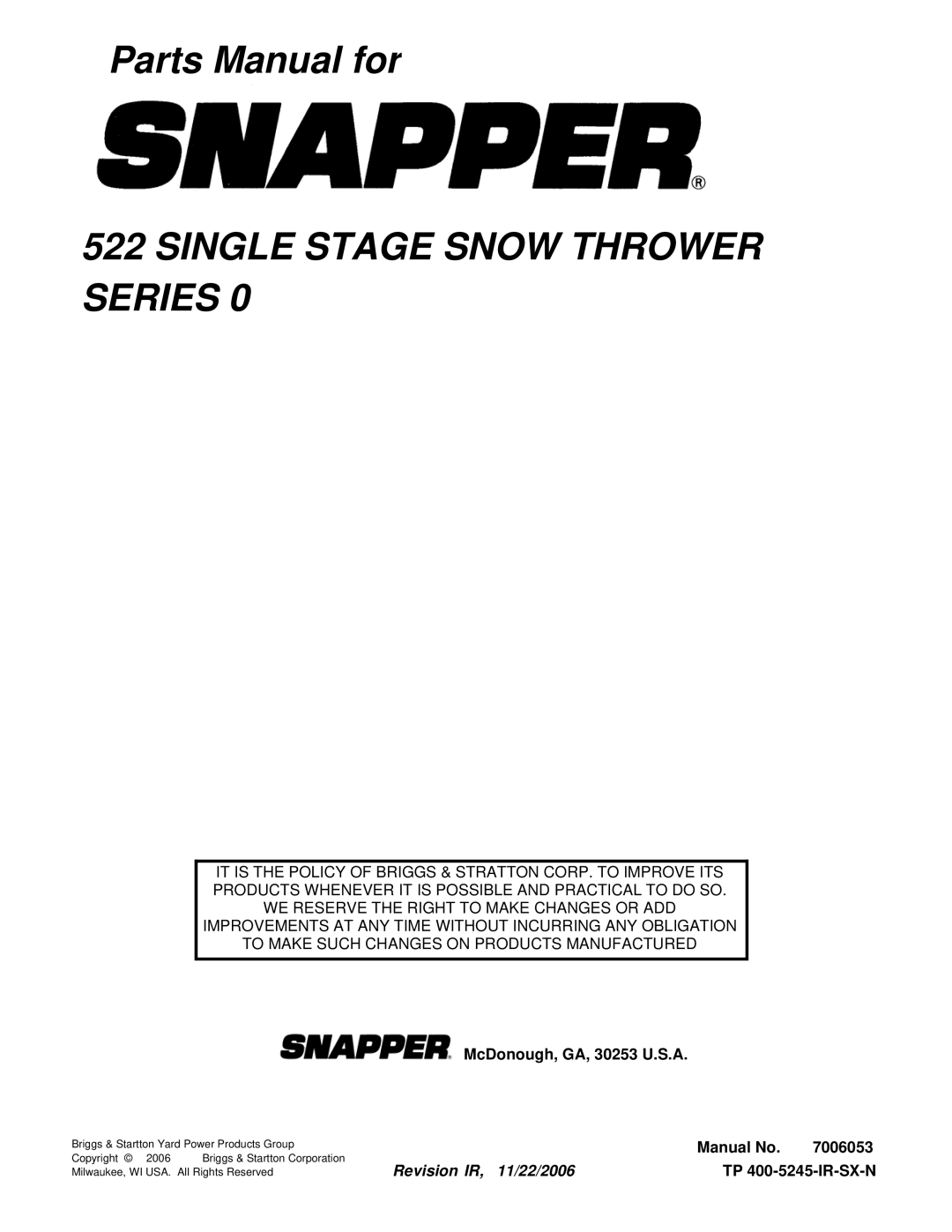 Briggs & Stratton ESS50220E manual Single Stage Snow Thrower Series 