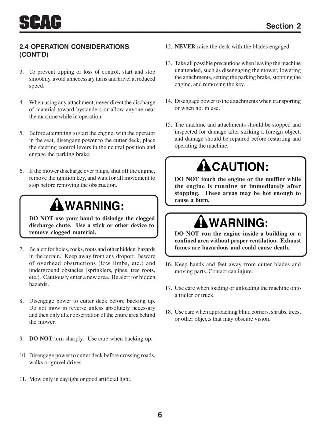 Briggs & Stratton SZC operating instructions Operation Considerations Contd 