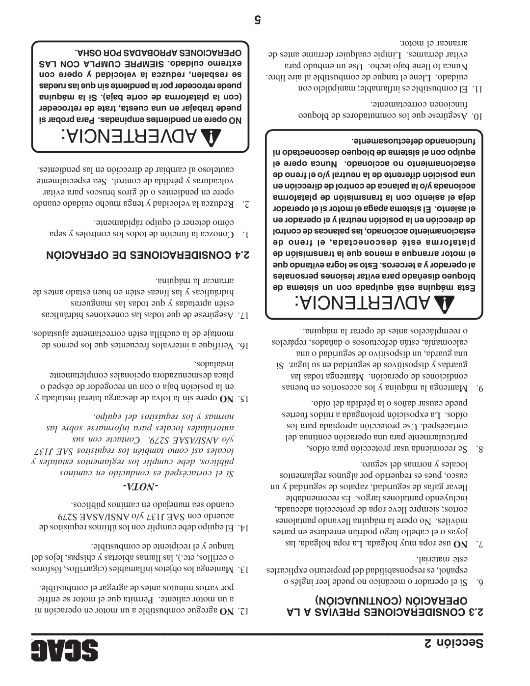 Briggs & Stratton SZC operating instructions Nota, Continuación Operación LA a Previas Consideraciones 