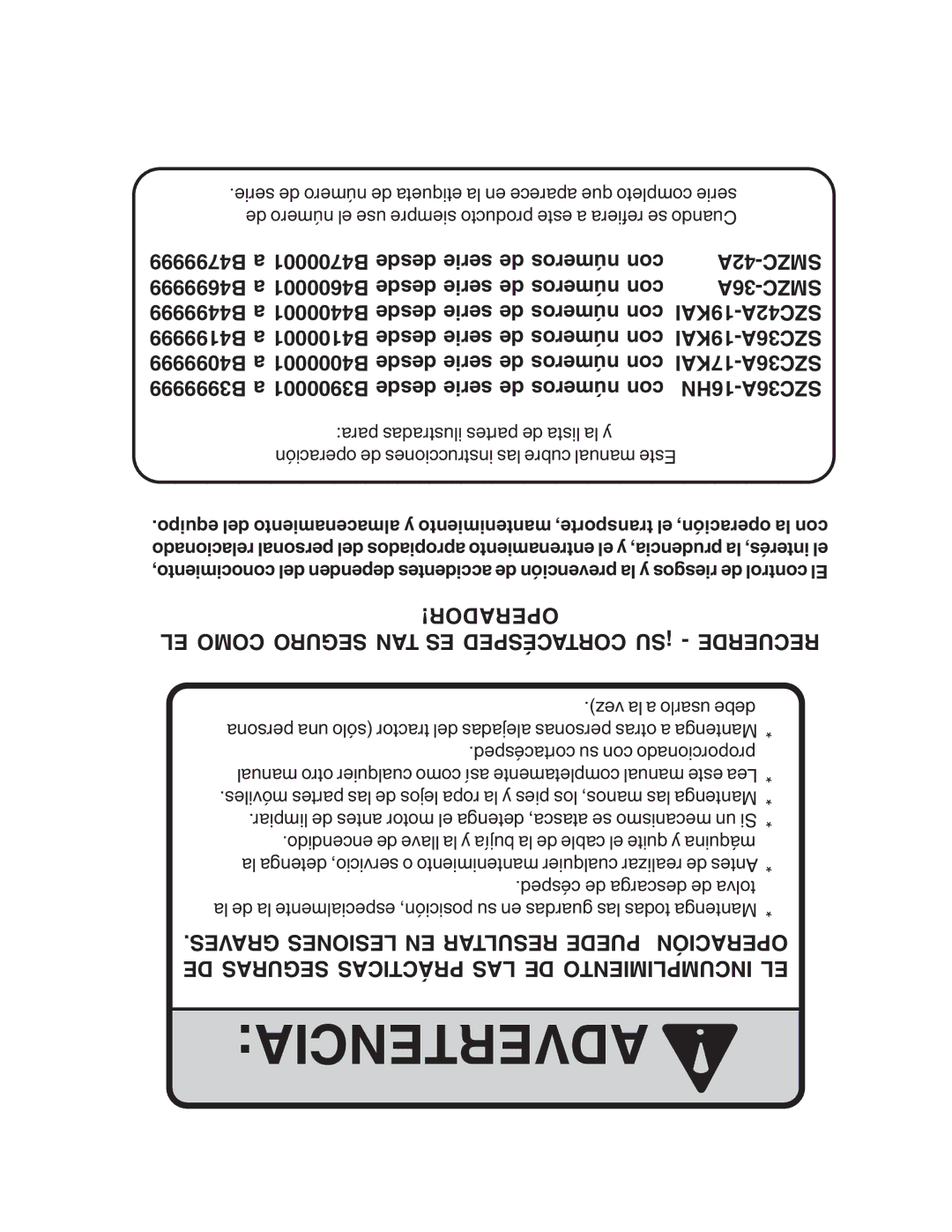 Briggs & Stratton SZC operating instructions Advertencia 