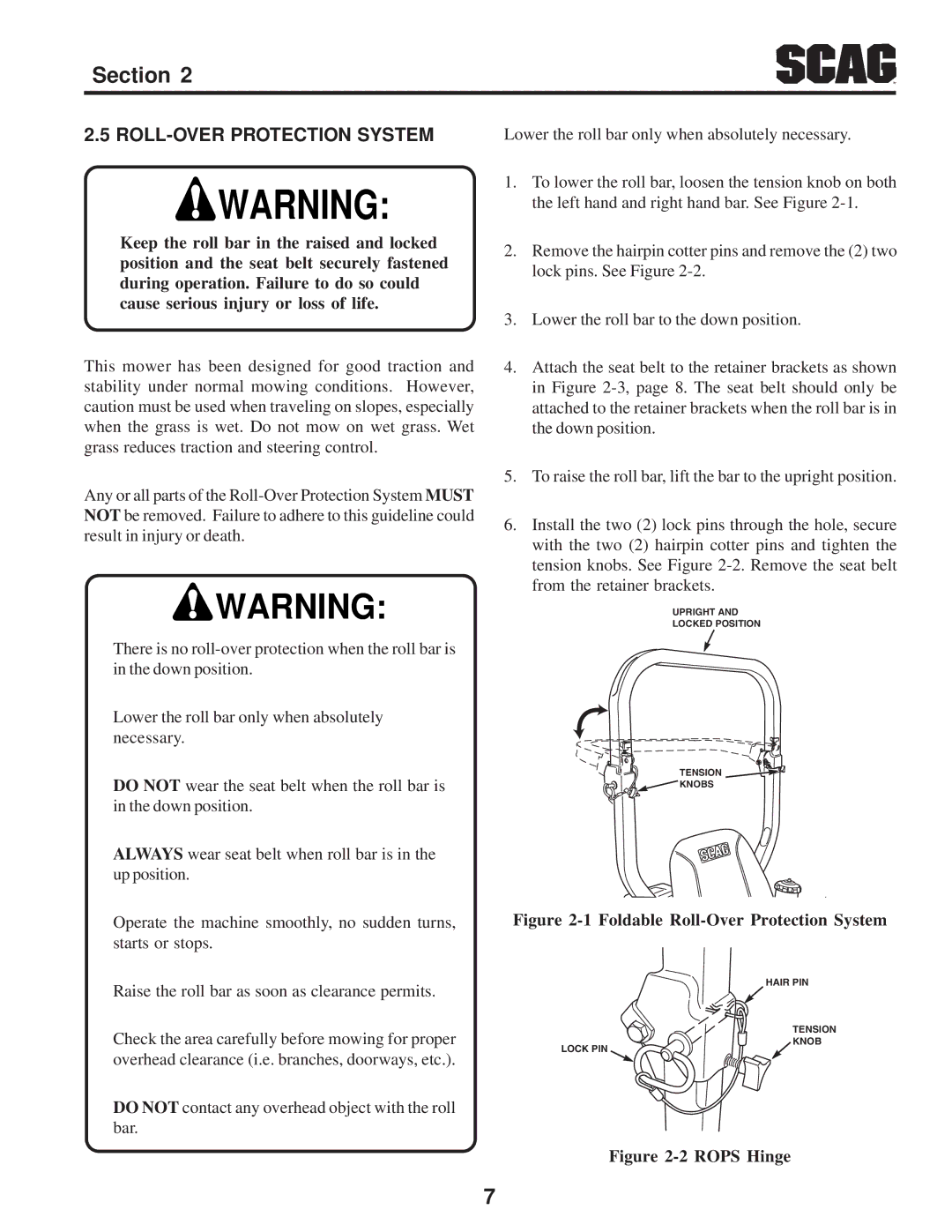 Briggs & Stratton SZC operating instructions ROLL-OVER Protection System, Foldable Roll-Over Protection System 