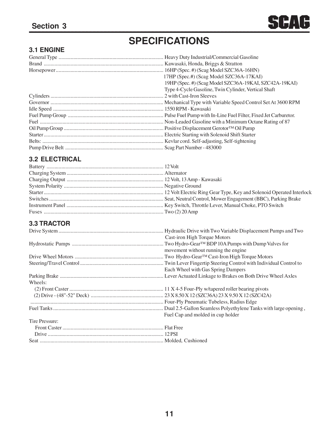 Briggs & Stratton SZC operating instructions Specifications, Engine, Electrical, Tractor 