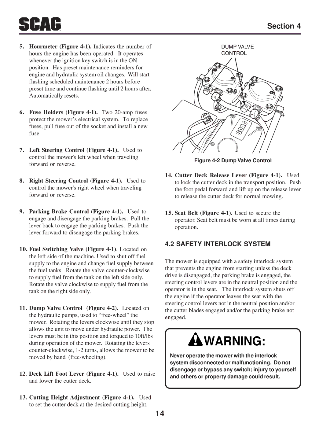 Briggs & Stratton SZC operating instructions Safety Interlock System, Dump Valve Control 