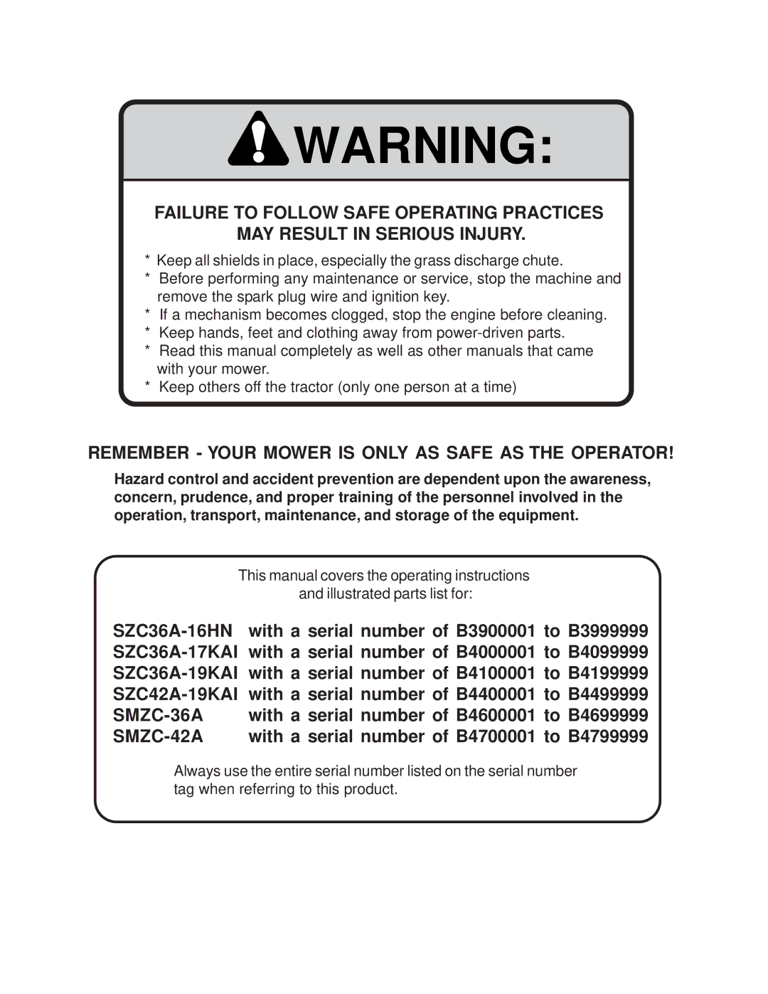 Briggs & Stratton SZC operating instructions Remember Your Mower is only AS Safe AS the Operator 