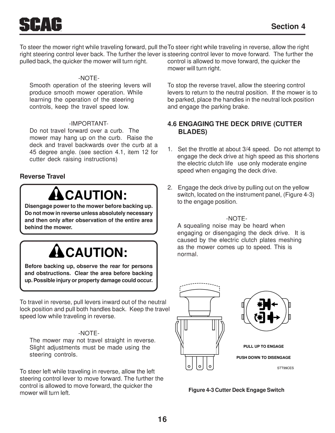 Briggs & Stratton SZC operating instructions Reverse Travel, Engaging the Deck Drive Cutter Blades 