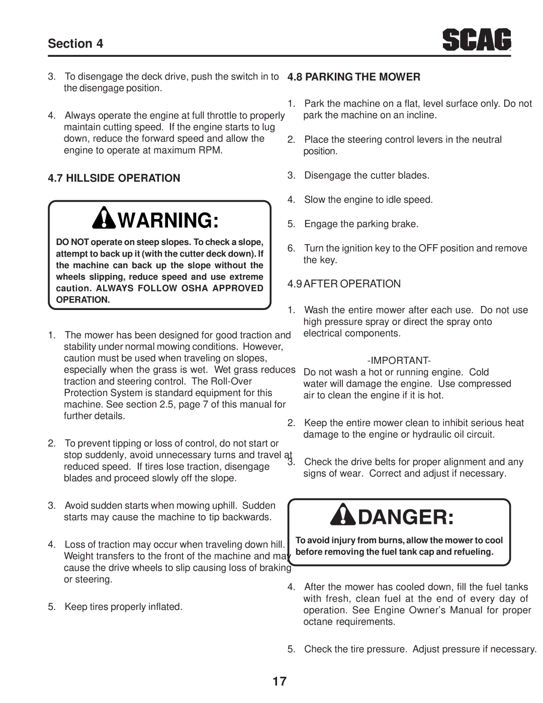 Briggs & Stratton SZC operating instructions Hillside Operation, Parking the Mower 