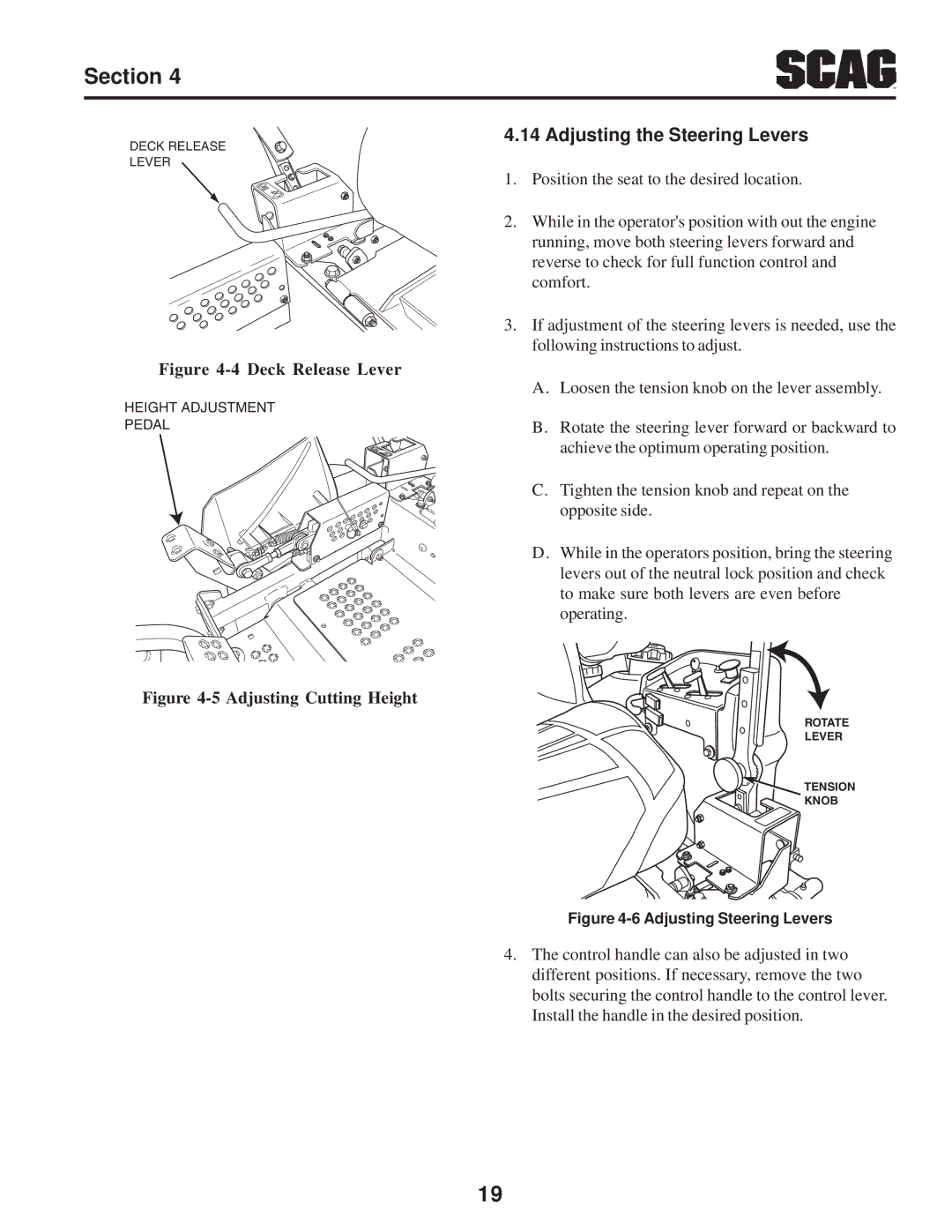 Briggs & Stratton SZC operating instructions Adjusting the Steering Levers, Deck Release Lever 