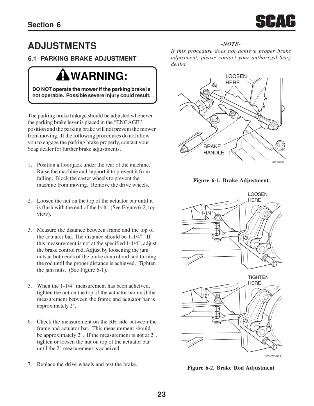 Briggs & Stratton SZC operating instructions Adjustments, Parking Brake Adjustment 