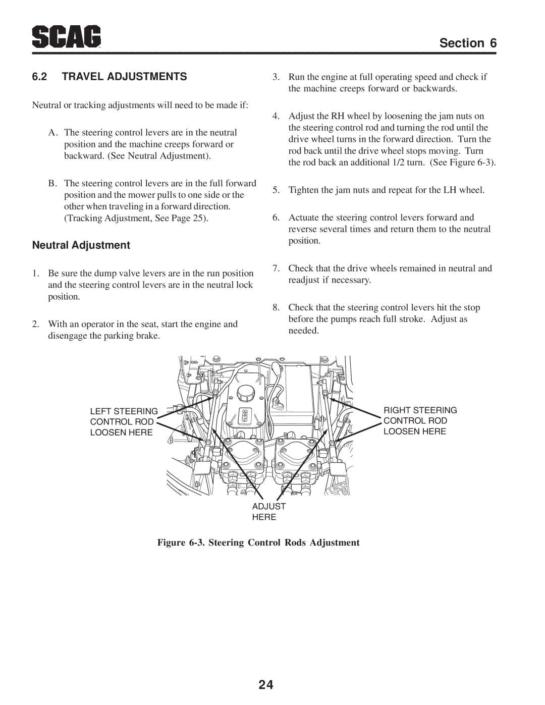 Briggs & Stratton SZC operating instructions Travel Adjustments, Neutral Adjustment 