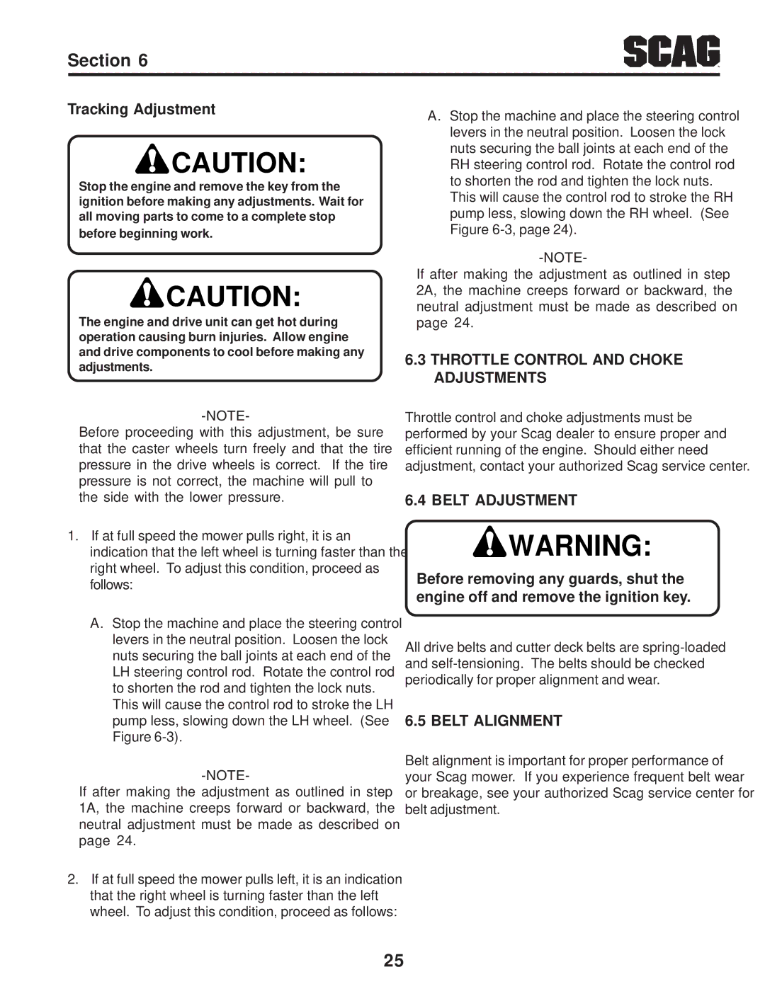 Briggs & Stratton SZC Tracking Adjustment, Throttle Control and Choke Adjustments, Belt Adjustment, Belt Alignment 