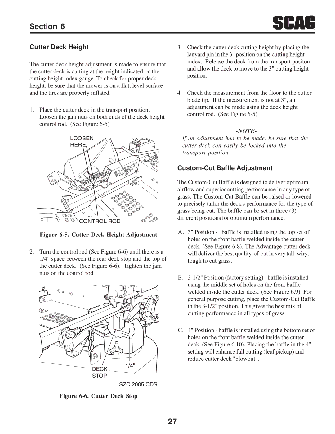 Briggs & Stratton SZC operating instructions Cutter Deck Height, Custom-Cut Baffle Adjustment 