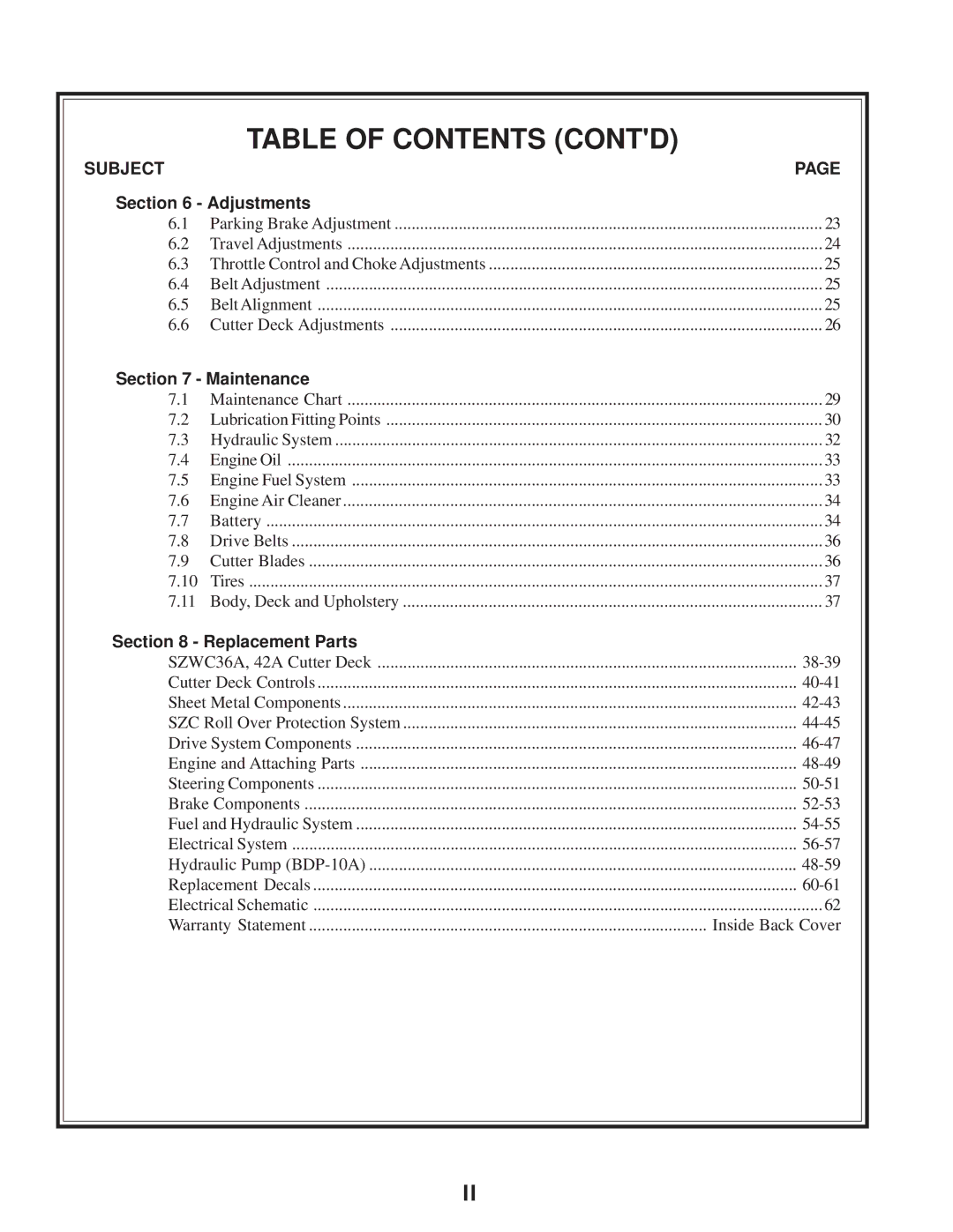 Briggs & Stratton SZC operating instructions Table of Contents Contd 