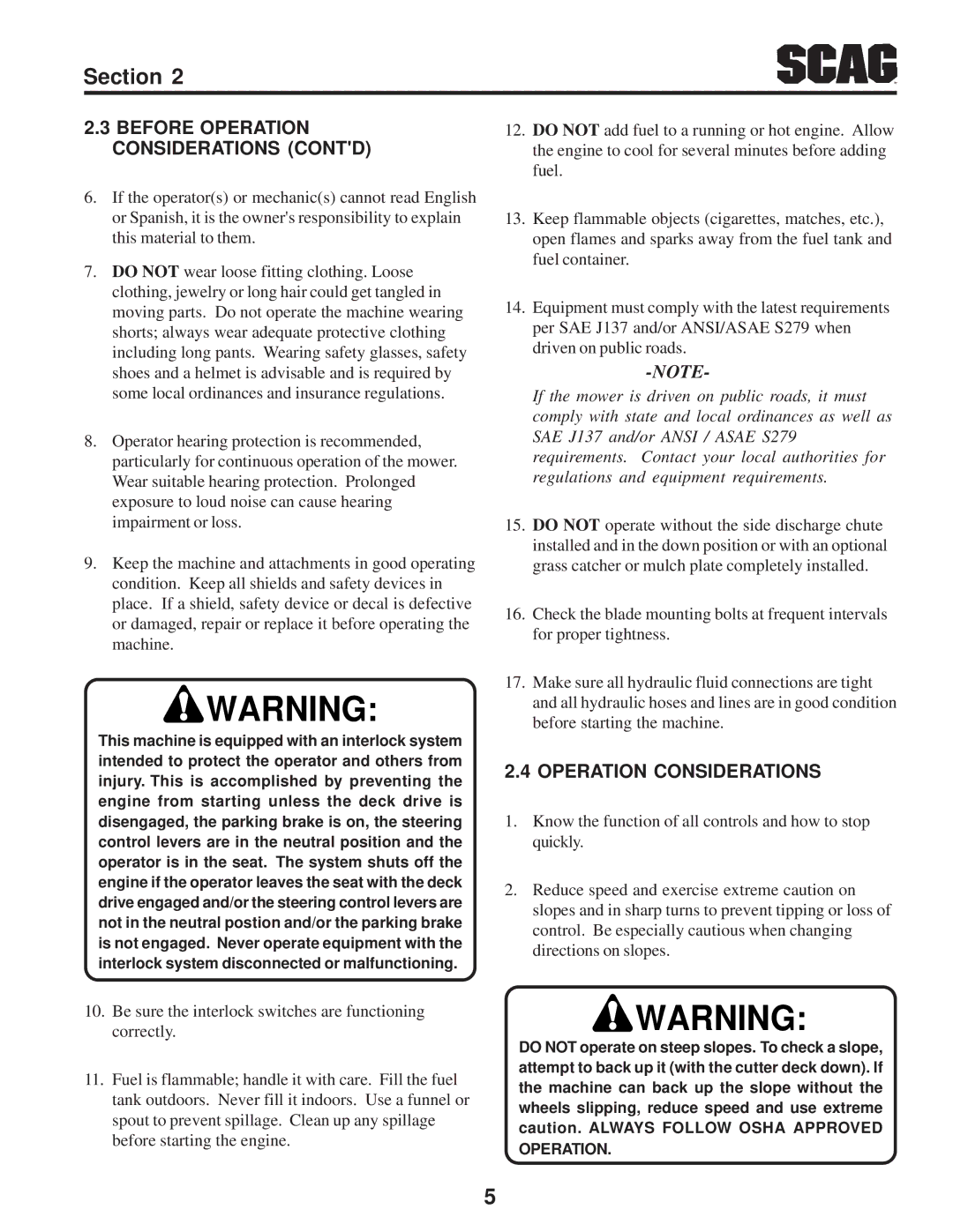 Briggs & Stratton SZC operating instructions Before Operation Considerations Contd 