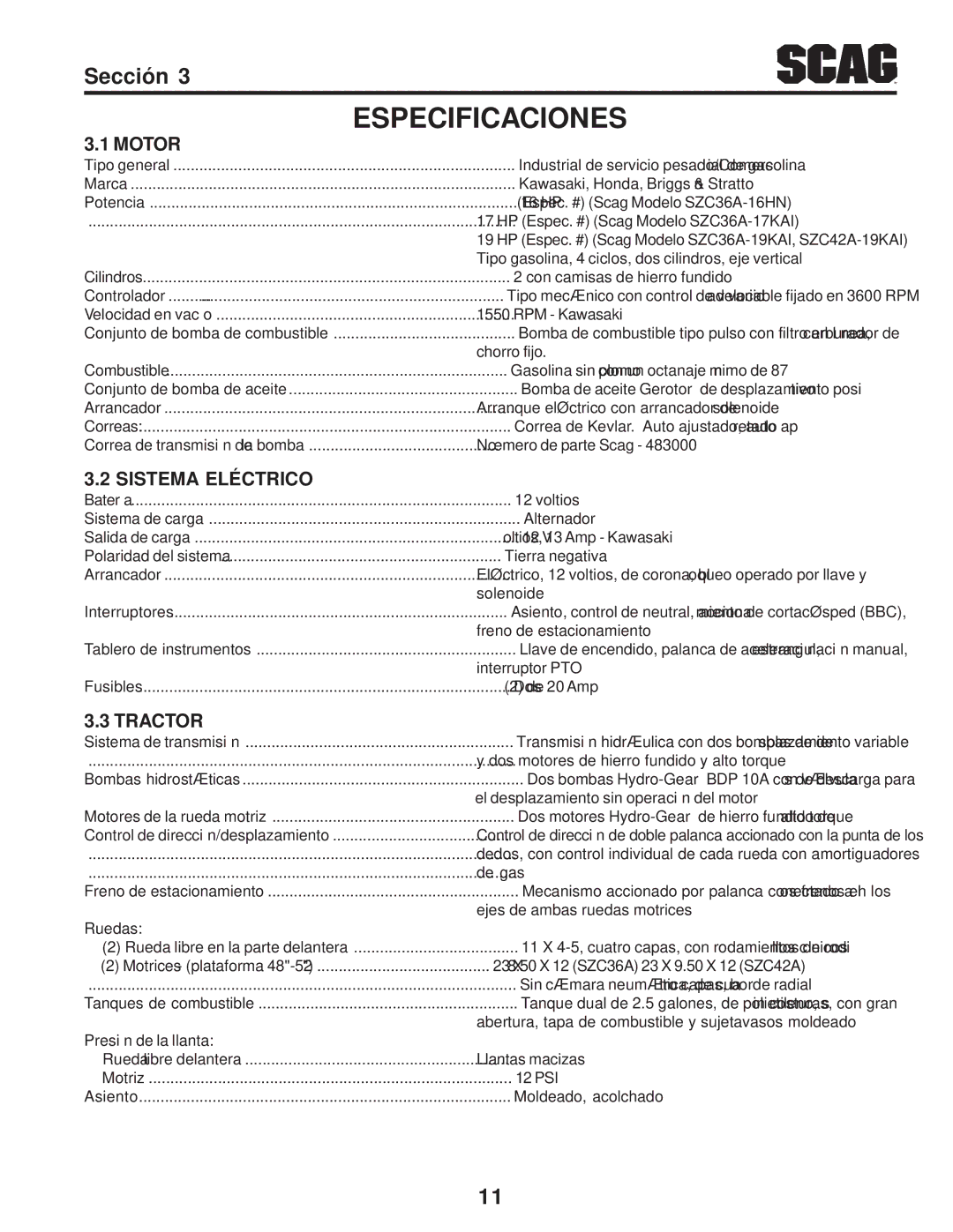 Briggs & Stratton SZC operating instructions Especificaciones, Eléctrico Sistema, Tractor, Motor 