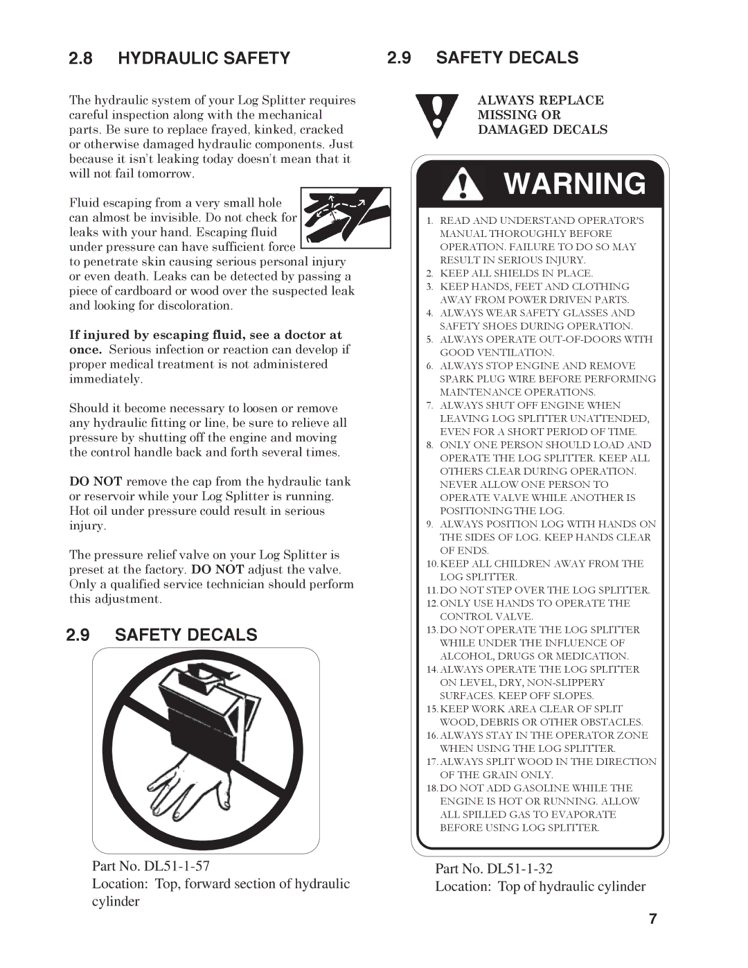 Briggs & Stratton T22B & T22H manual Hydraulic Safety Safety Decals, Always Replace Missing or Damaged Decals 