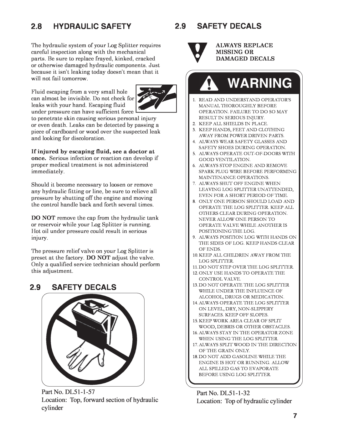 Briggs & Stratton T22B & T22H Hydraulic Safety, Safety Decals, 2.9SAFETY DECALS, Part No. DL51-1-57, Part No. DL51-1-32 